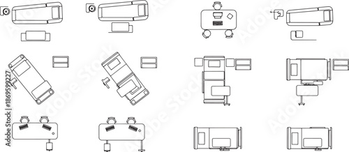Conceptual, monochrome medical equipment arrangement, offering a unique perspective of an operating room's essentials. Featuring clean lines and meticulous detail.