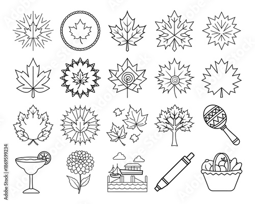 Ocean Life Icon Set for Marine Theme Coloring Page, Line Art Vector Illustration with Fish and Sea Creatures