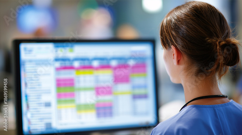 Nurse working at computer during night shift in hospital setting