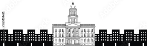 Cityscape illustration, classical building, urban skyline, government architecture, dome structure, modern buildings, historical landmark, stylized city, civic center, architectural contrast