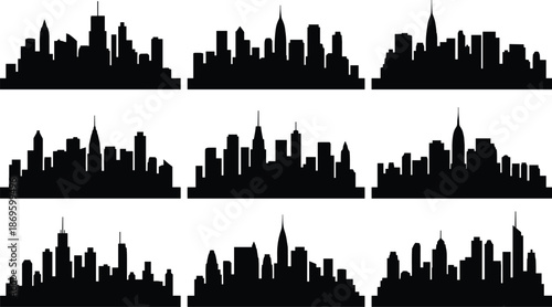 City skyline silhouettes, urban architecture, black building outlines, metropolitan horizon, iconic skylines, modern cityscape, skyline collection, silhouette design elements