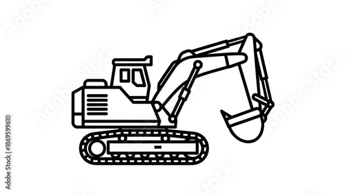 Crawler excavator with hydraulic breaker hammer for demolition.