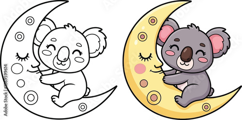 Cute koala on moon coloring pages for kids, cute little koala sleeping on moon, coloring book, vector Illustration for coloring book pages or Kids