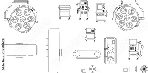 Line art depiction of modern hospital surgical equipment, showcasing the tools and devices essential for medical procedures.