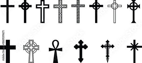 Cross symbols collection, religious icons, cultural heritage, spiritual art, Christian design, Celtic cross, Ankh symbol, sacred geometry, ornamental patterns, faith emblem