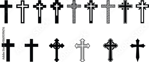 Cross symbols collection, religious icons, Christian art, spiritual design, ornate crosses, sacred geometry, cultural heritage, faith emblem, vector illustration, graphic set