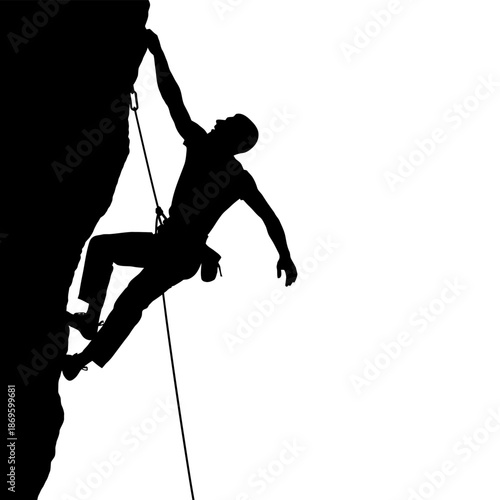 Silhouette of a rock climber ascending a steep cliff face.