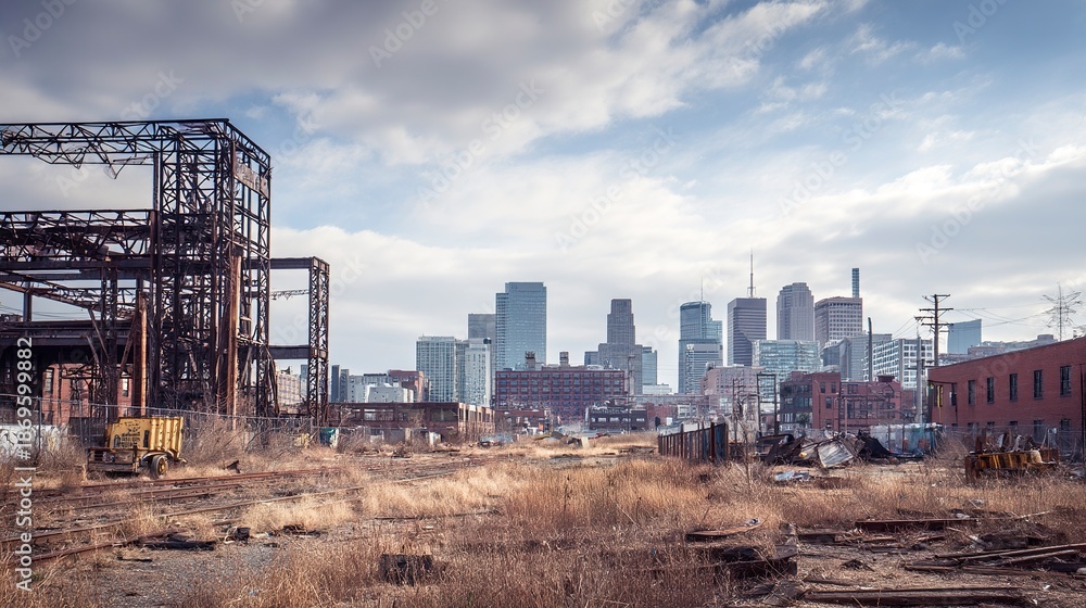 Fototapeta premium Urban development site with unfinished steel structure and city skyline in background 