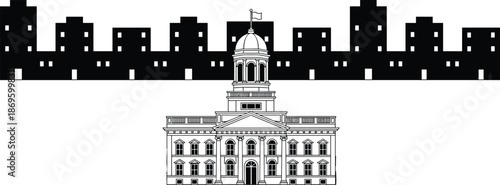 Government building with dome, city skyline silhouette, classical architecture, urban contrast, institutional landmark, heritage structure, civic center, public administration