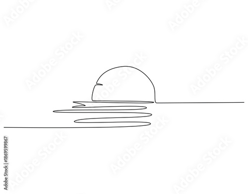 Continuous one line drawing of sunset on sea. One line drawing illustration of sunset. Summer concept single line. Editable outline