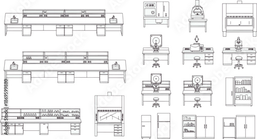 An architectural outline showcases various laboratory elements. The image exhibits precision and attention to detail. 
