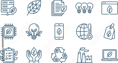 Green Technology and Sustainable Ecology Line Icons Set, Data, Energy, Climate Change, Corporate Social Responsibility, and Environment Vector
