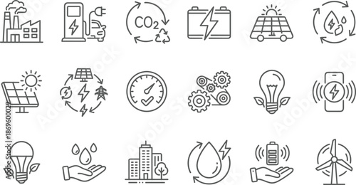 Green energy line icons, renewable power, sustainability, electric car, solar panel, wind turbine, and ecology vector symbol set.