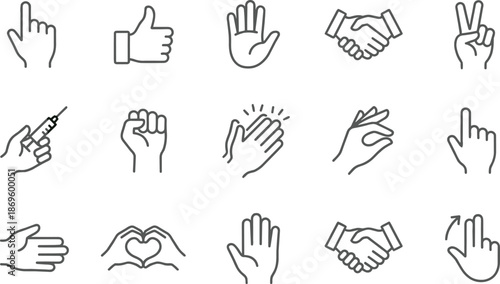 Hand gesture line icons, handshake, thumbs up, clapping, heart, medical syringe, and touch screen interaction vector set.