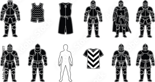 Medieval armor and clothing icon set featuring knights tunics and silhouettes for fantasy game UI vector illustration pack design assets