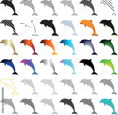 Set of Various Dolphin Silhouettes and Abstract Patterns