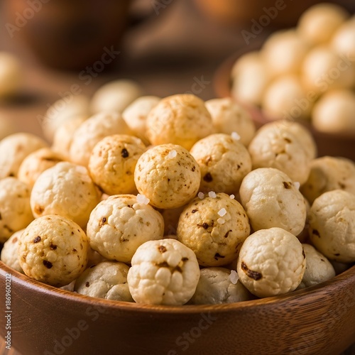 Lightly salted puffed lotus seeds are piled high in a wooden bowl.