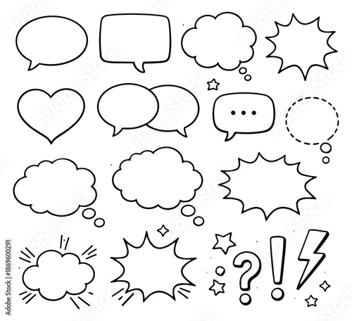 Hand drawn line art communication element set featuring speech bubbles, thought clouds, comic bursts, and punctuation for graphic design or social media