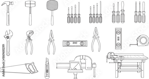 An array of essential tools for construction, renovation, and DIY projects, arranged in a visually clear and precise manner, ready to tackle any task.