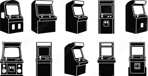 Retro arcade machine silhouettes, vintage gaming cabinets, joystick control panels, nostalgic video game icons, classic entertainment design for collectors and creators
