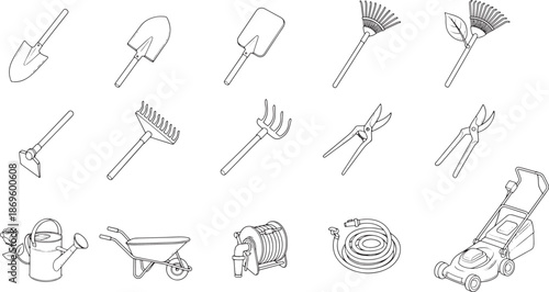 A collection of meticulously detailed line drawings of essential gardening tools are neatly organized in this graphic image.