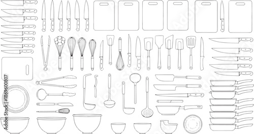An array of various kitchen tools and equipment, from knives to bowls. It captures the essence of culinary art, emphasizing functionality and organization in a professional-grade setup.