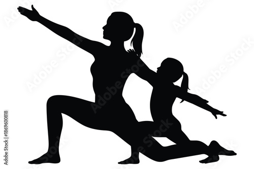Mother and child silhouette perform a low lunge yoga pose together.
