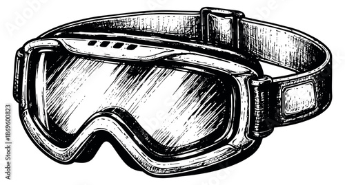 Hand drawn line art illustration of a ski goggle depicting protective eyewear for winter sports