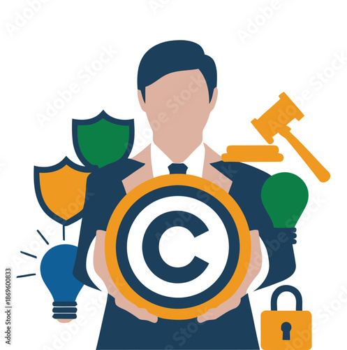 Professional holds large copyright symbol surrounded by legal protection.