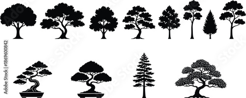 Silhouette tree collection illustration featuring diverse forest, bonsai, pine, oak, and decorative tree shapes isolated on white background