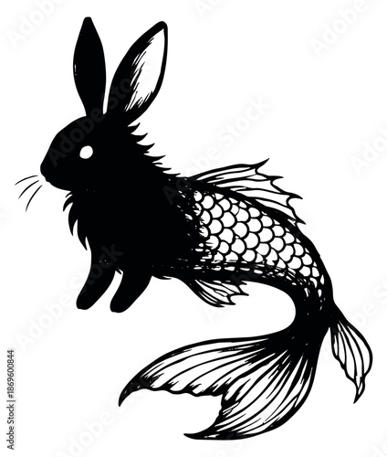Hand drawn line art illustration of a mythical creature depicting a rabbit with a fish tail for whimsical designs