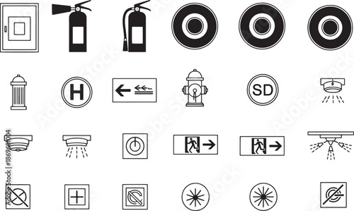 Essential safety icons for buildings and public spaces, the black and white line-drawn image contains fire alarms, emergency exit signs, and fire extinguisher, reflecting essential guidelines.