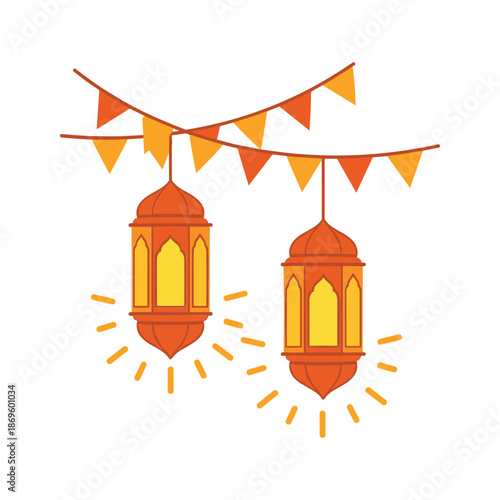 Vector illustration of two hanging lanterns with bunting
