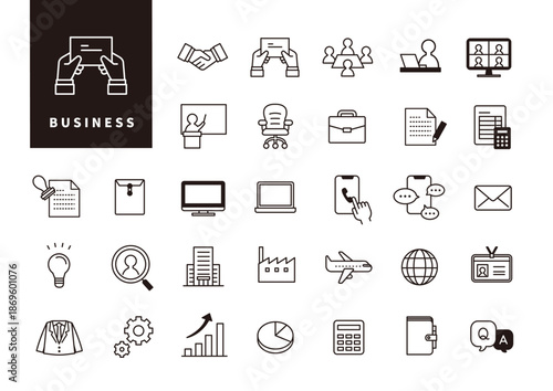 社内業務の流れや情報整理を表すUI用ビジネスアイコンセット（黒線アウトライン）