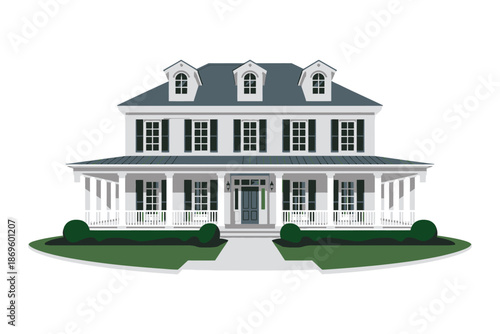 Southern colonial mansion with grand porch and symmetrical facade stands.