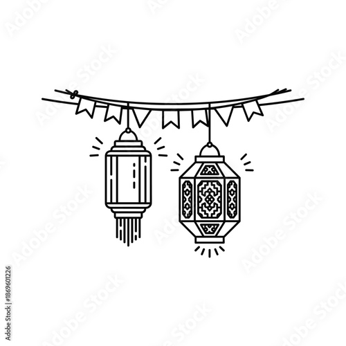 Vector illustration of hanging lanterns with decorative flags on white background