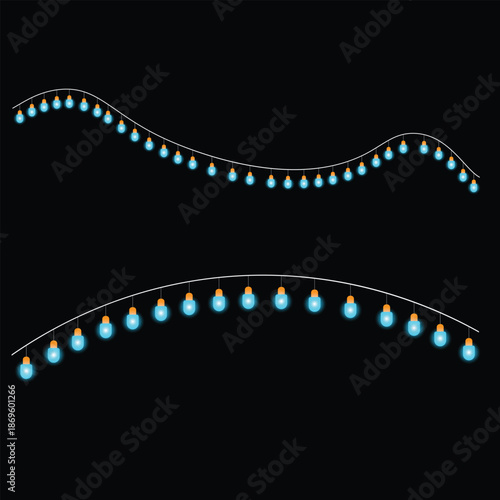 Wavy Strings of Blue Christmas Lights on Black string lights