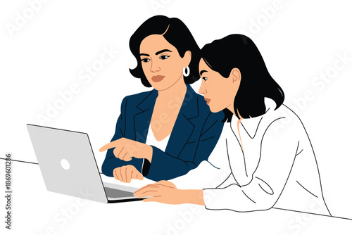 Two focused professional women collaborate pointing at laptop screen.