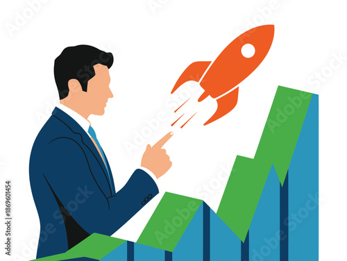 Businessman points toward rising bar graph with a launching rocket.