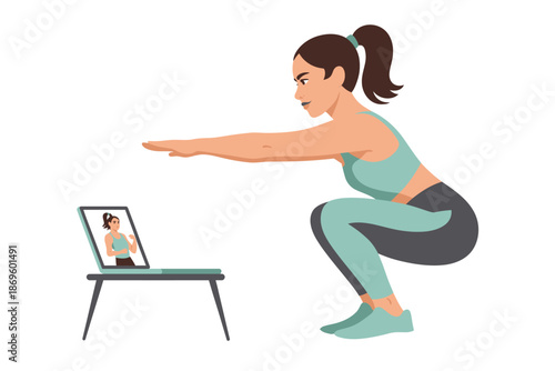 Woman performs virtual squat exercise while watching online fitness.
