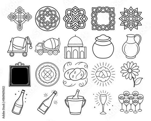 Art Studio and Craft Supplies Icon Set for Coloring Page, Creative Line Art Vector Illustration for Artists and Design Hobbyists