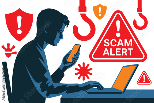 Man on phone faces online danger alerts near laptop and phishing hooks.