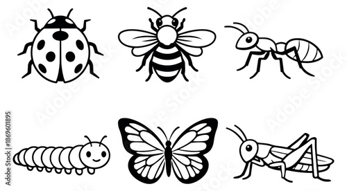 Cute hand drawn line art insect set featuring various bug species for children's designs
