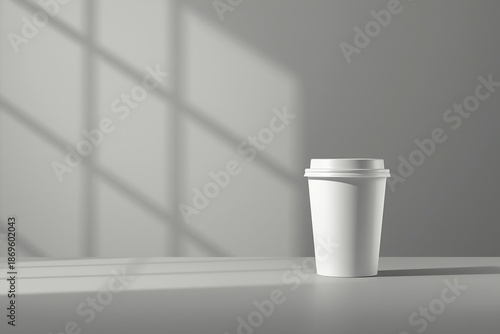 Minimalist white takeaway coffee cup on a clean surface with soft natural window light and geometric shadows. Ideal for branding, cafe mockups, lifestyle, and modern design use.