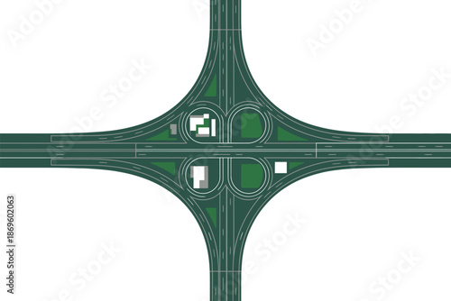 Top-down view of a complex highway interchange system designed for traffic.