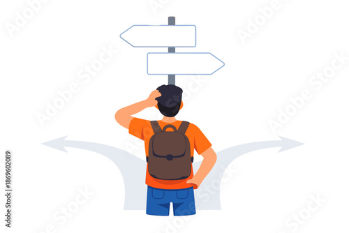 Person confused at a crossroads with two directional signs