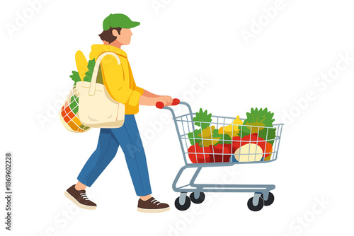 Person pushing a grocery cart filled with fresh produce