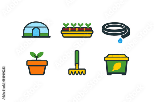 Gardening icons set with glowing effect