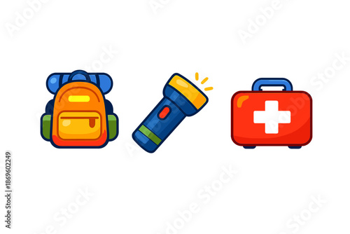 Camping Gear Icons: Backpack, Flashlight, and First Aid Kit