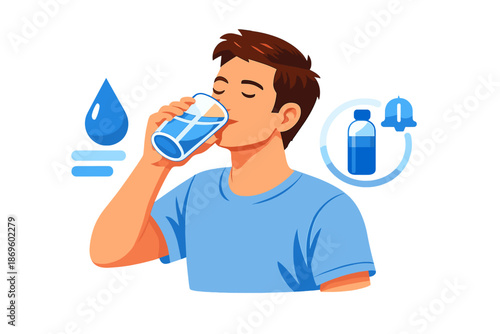 Man drinking water with health icons